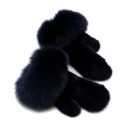 Midnight Black genuine mink fur mittens with oversized fox fur cuffs on transparent background