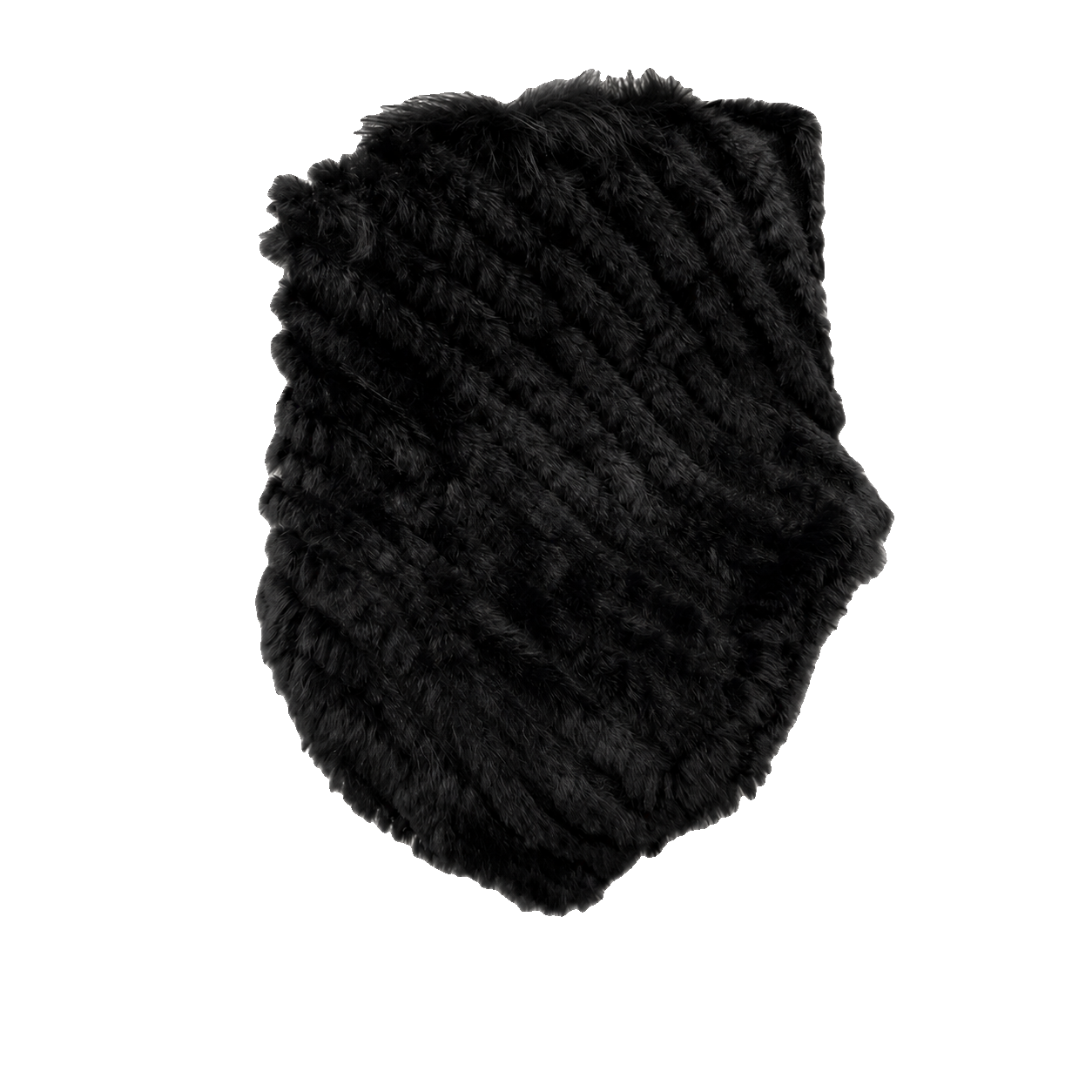 Black handwoven genuine rabbit fur triangle poncho with raccoon fur collar on a transparent background