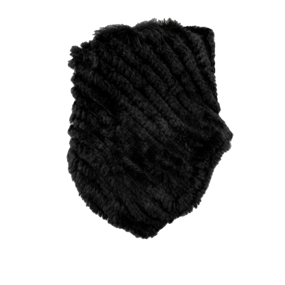 Black handwoven genuine rabbit fur triangle poncho with raccoon fur collar on a transparent background