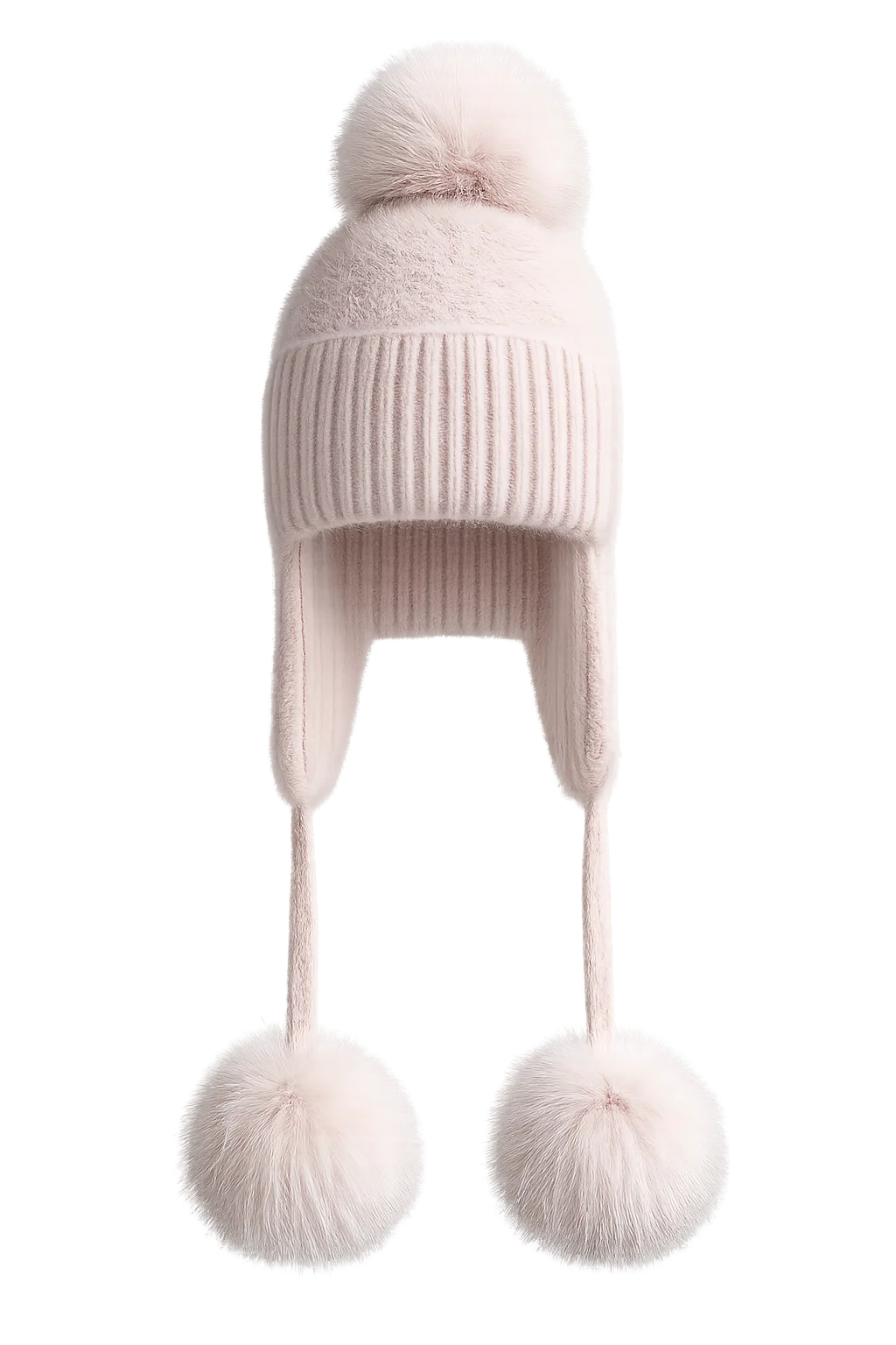 Rose pink knit earflap hat with a top pom-pom and two tie-end pom-poms