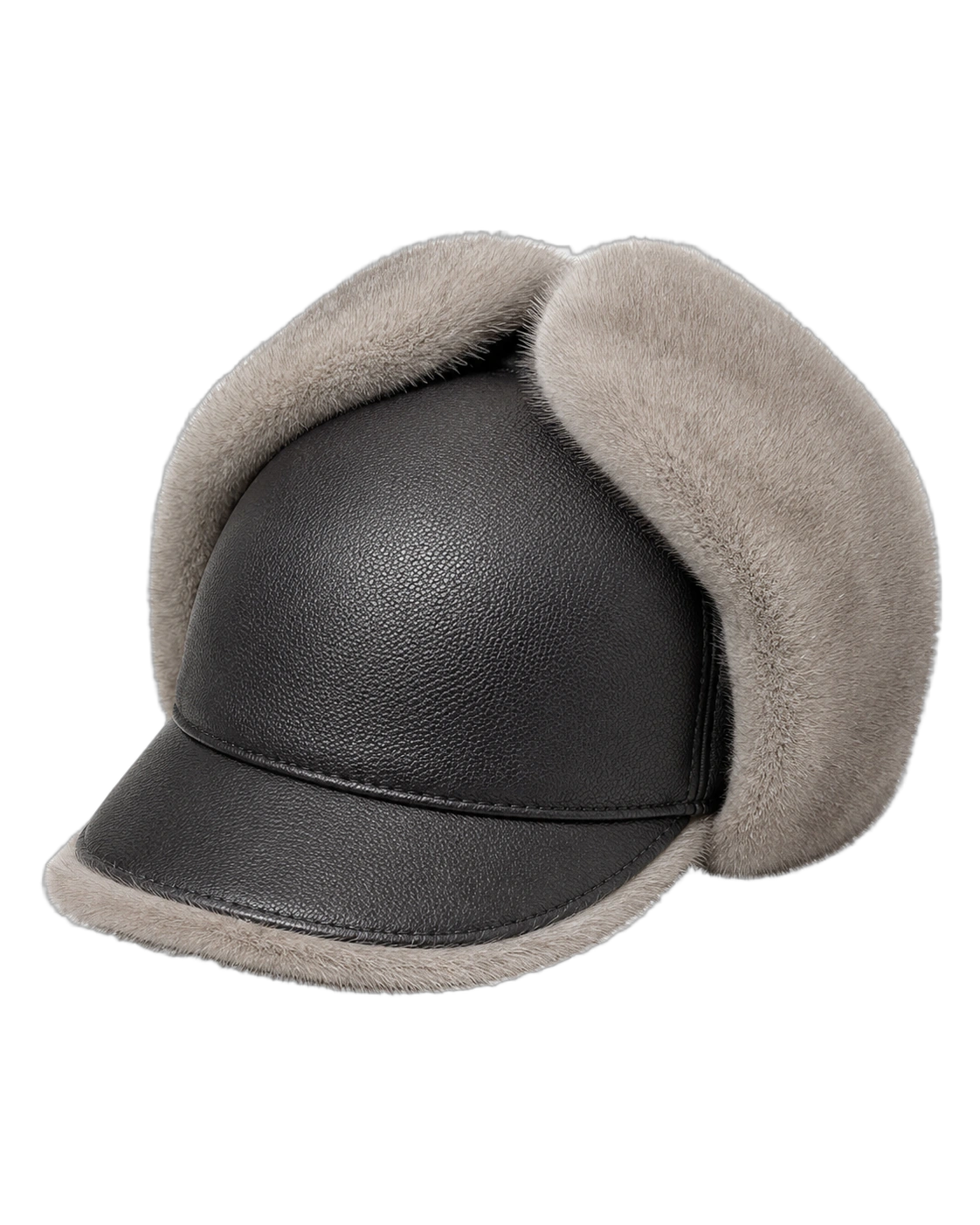 Silver Gray supplier-described mink fur and leather men's ear-flap cap on a transparent background