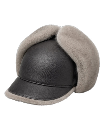 Silver Gray supplier-described mink fur and leather men's ear-flap cap on a transparent background