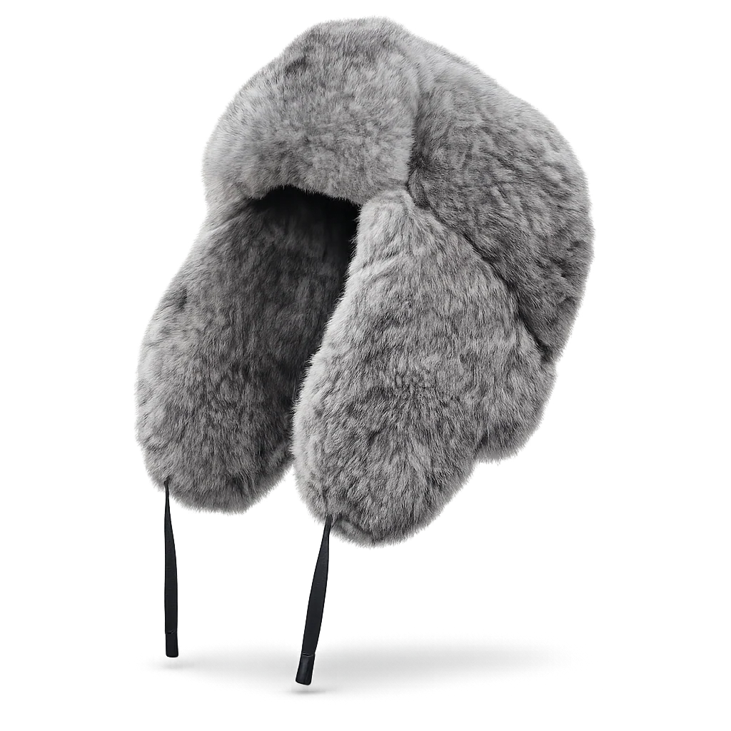 Silver gray rabbit fur trapper hat with ear flaps and ties, side view