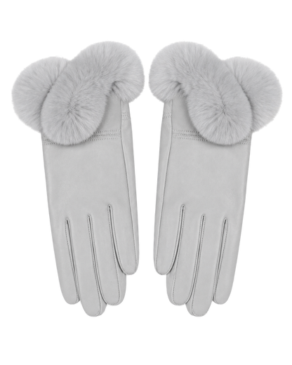 Silver gray women's sheepskin leather gloves with Rex rabbit fur cuffs