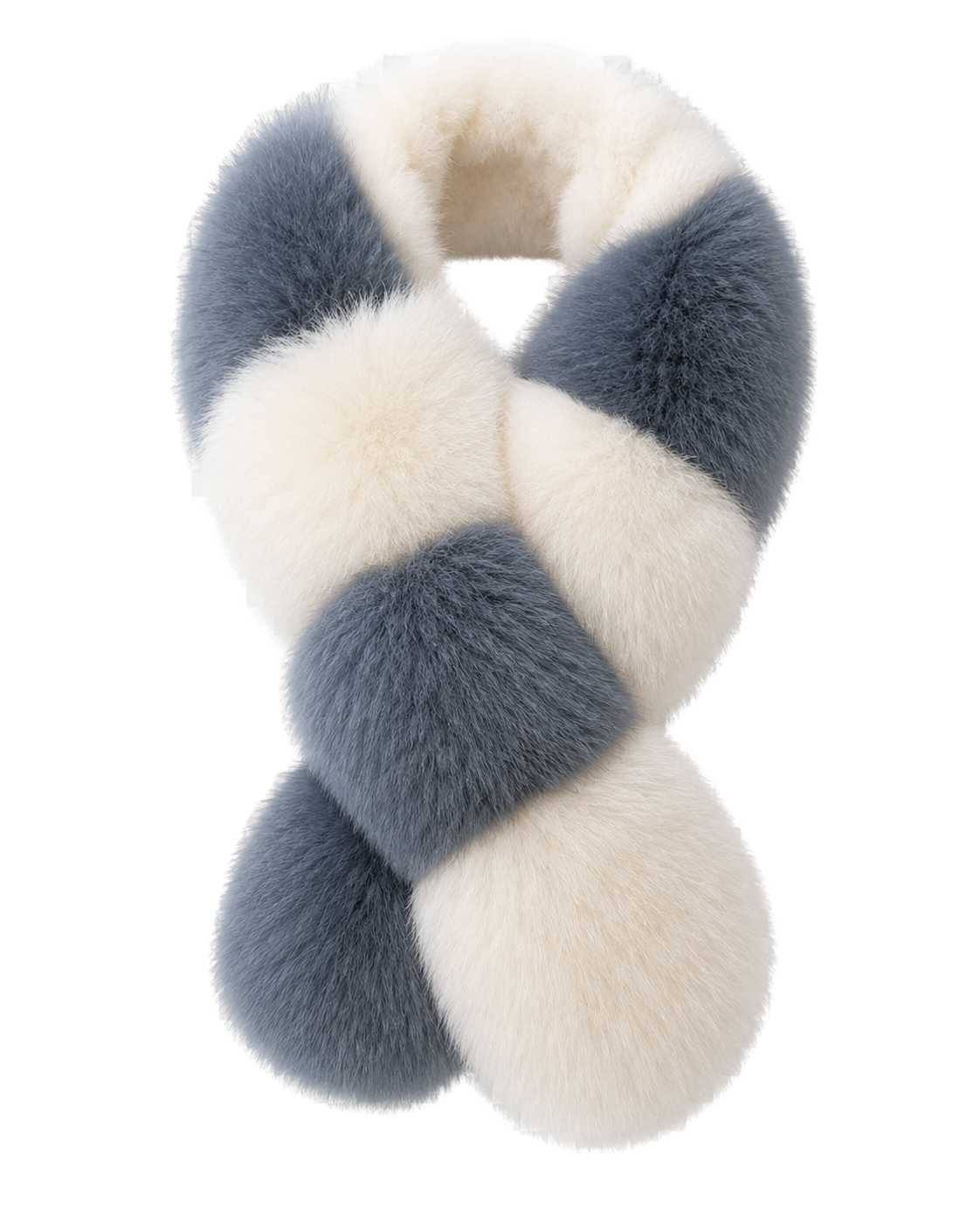 Slate blue and ivory genuine fox and Rex rabbit fur colorblock scarf on a transparent background