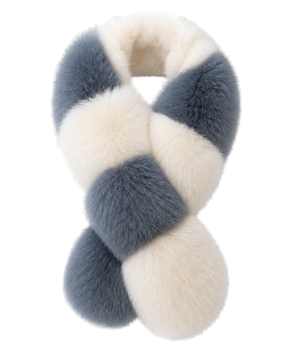 Slate blue and ivory genuine fox and Rex rabbit fur colorblock scarf on a transparent background