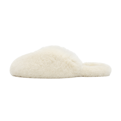 Soft Beige genuine rabbit fur closed-toe house slippers on a transparent background