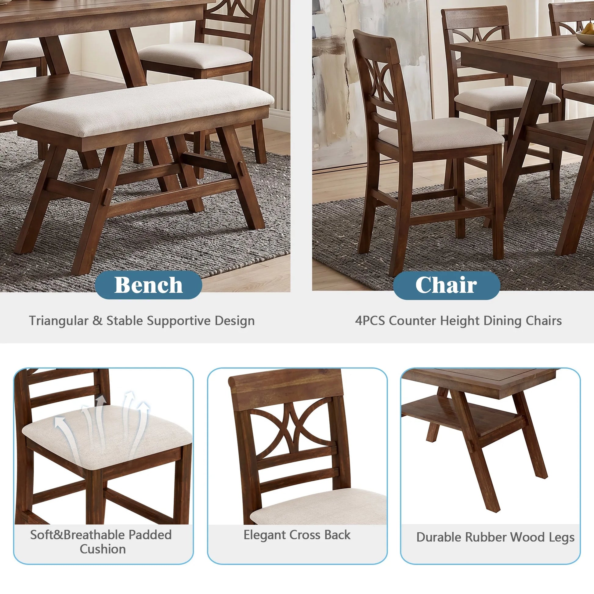 6-Piece Wood Counter Height Dining Table Set with Storage Shelf, Kitchen Table Set with Bench and 4 Chairs,Rustic Style, Walnut+Beige Cushion (old – view 3