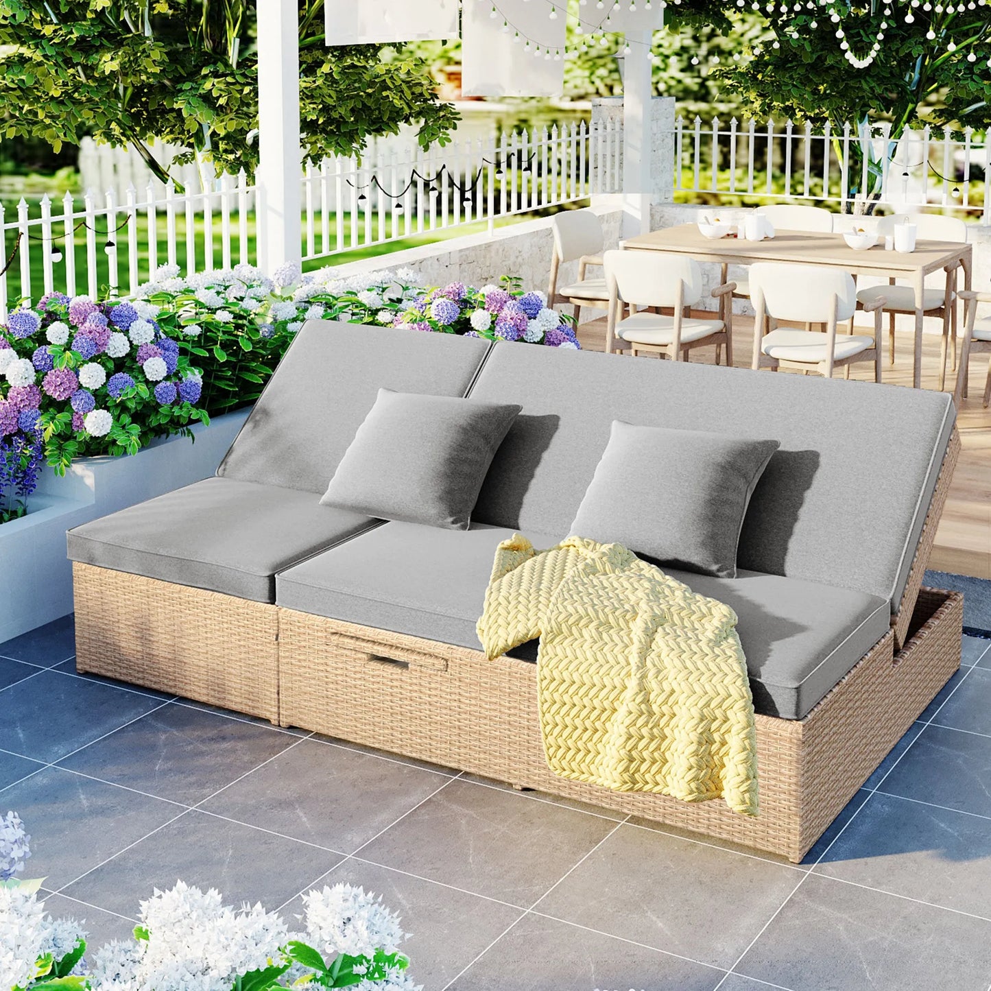 Outdoor Double Sunbed, Wicker Rattan Patio Reclining Chairs with Adjustable Backrest and Seat, Conversational Set for 2 Person, Brown – view 3