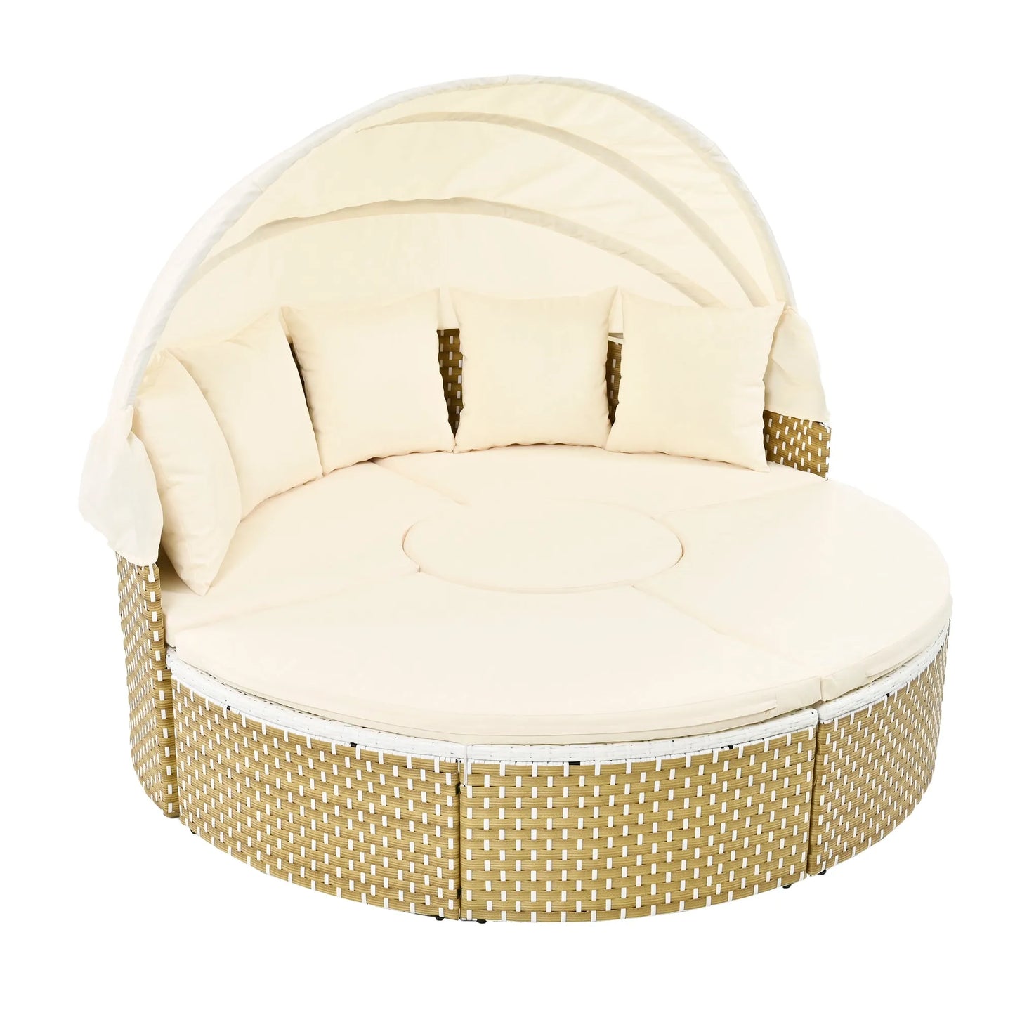 Patio Furniture Round Outdoor Sectional Sofa Set Rattan Daybed Two-Tone Weave Sunbed with Retractable Canopy, Separate Seating and Removable Cushion – view 3