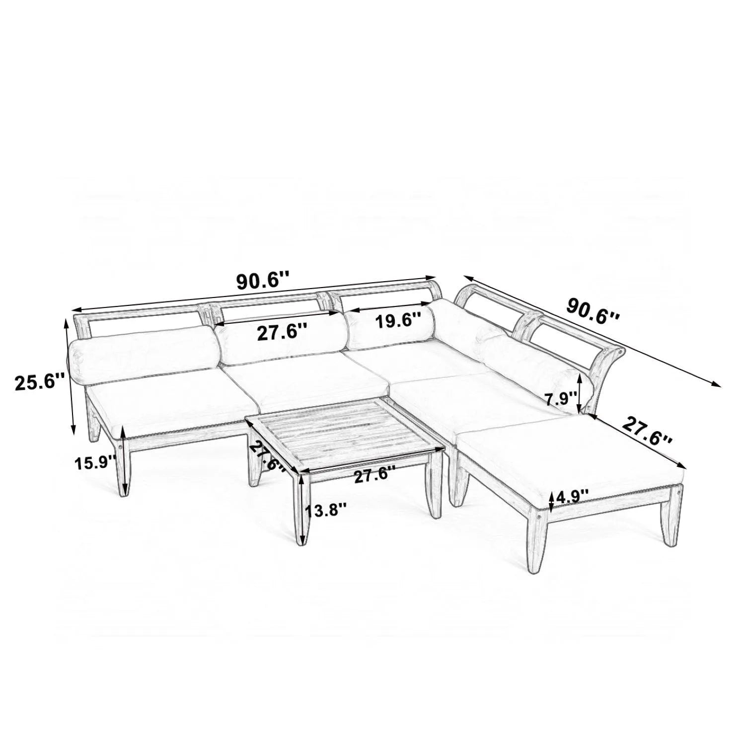 6 Piece Patio Sofa Set, Acacia Wood Outdoor Modular Sectional Garden Furniture Set L-Shaped Conversation Set, Convertible Daybed with Tea Table – view 3