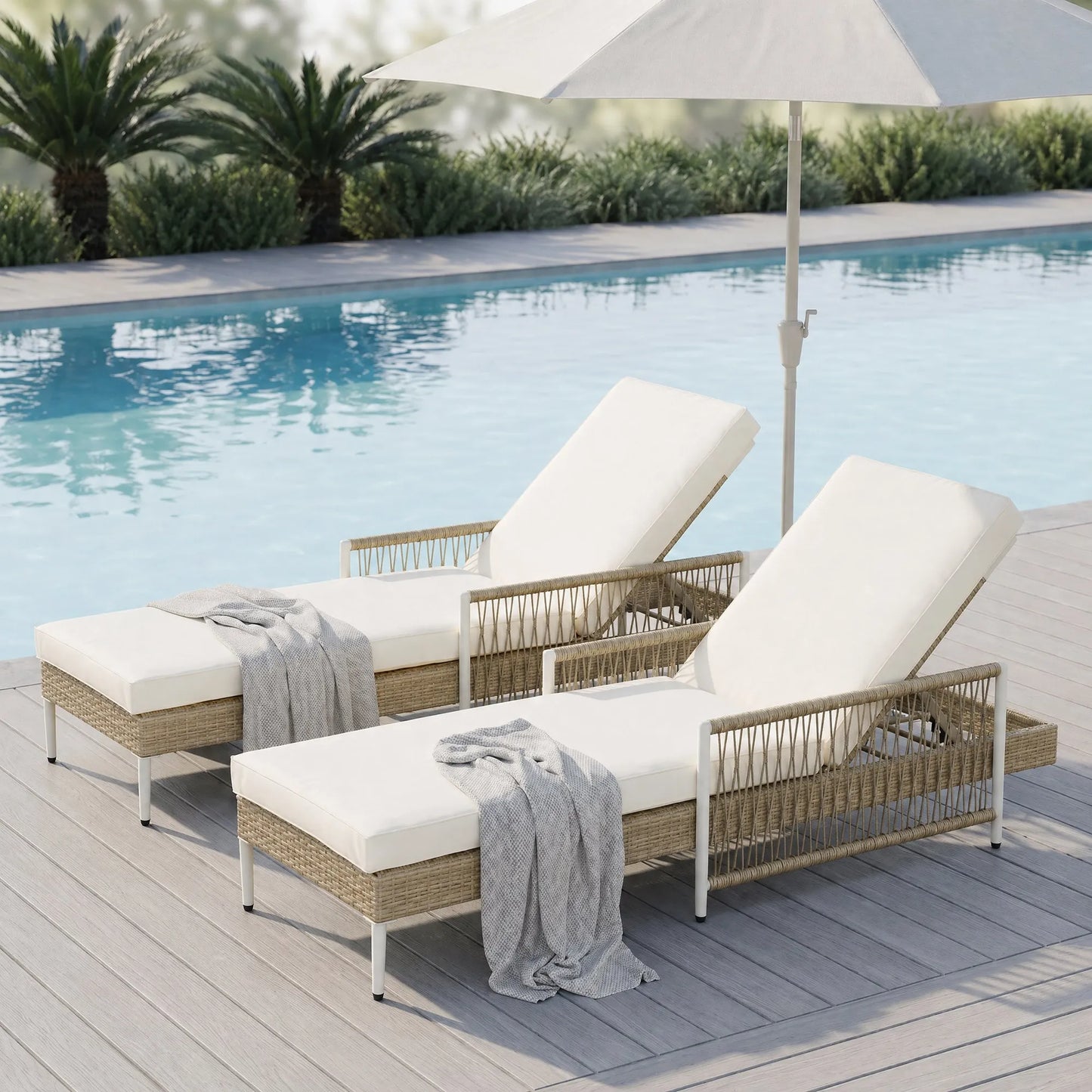 Outdoor All-Weather PE Rattan Chaise Lounge, Minimalist Patio Wicker Lounge Chair with 6 Gear Adjustable Recliner, Arms and Cushion for Poolside – view 3
