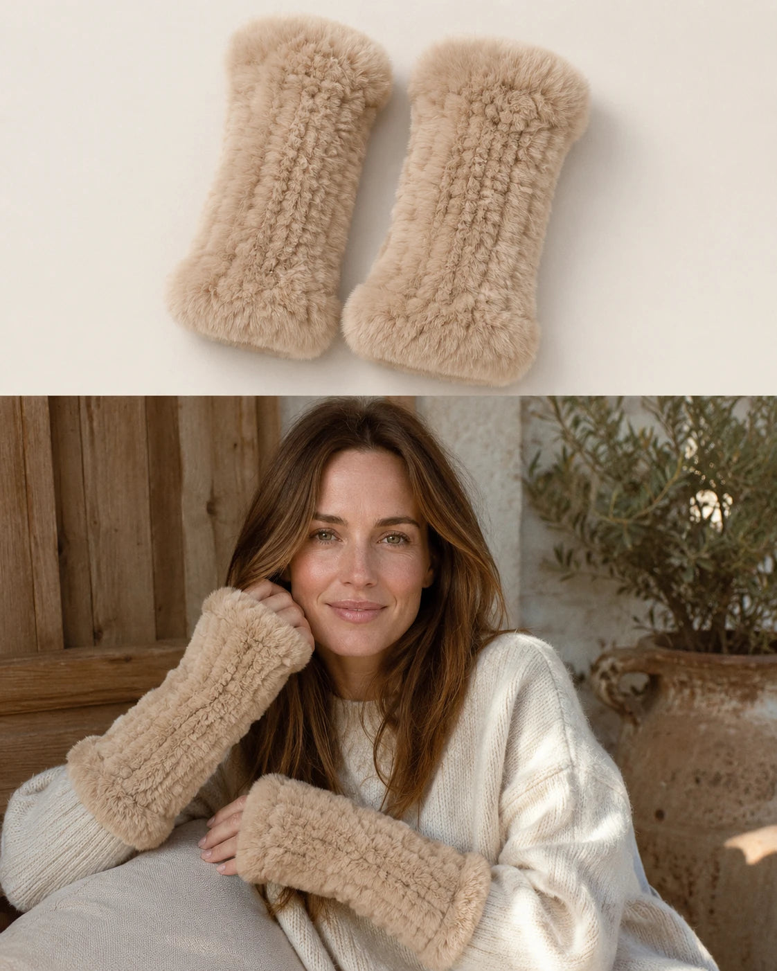 Natural Camel genuine Rex rabbit fur fingerless mittens with casual winter layers