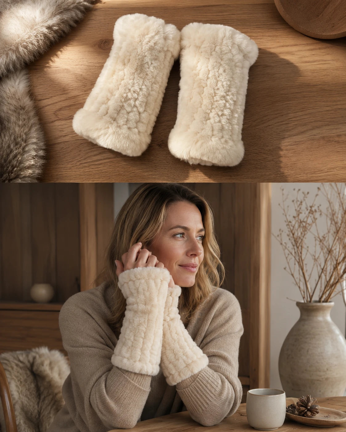 Cream genuine Rex rabbit fur fingerless mittens styled for a coffee moment
