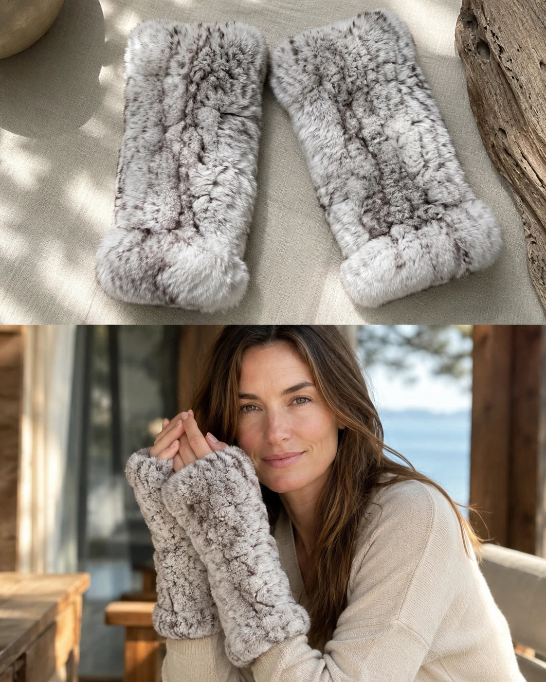 Frosted Gray genuine Rex rabbit fur fingerless mittens in natural window light