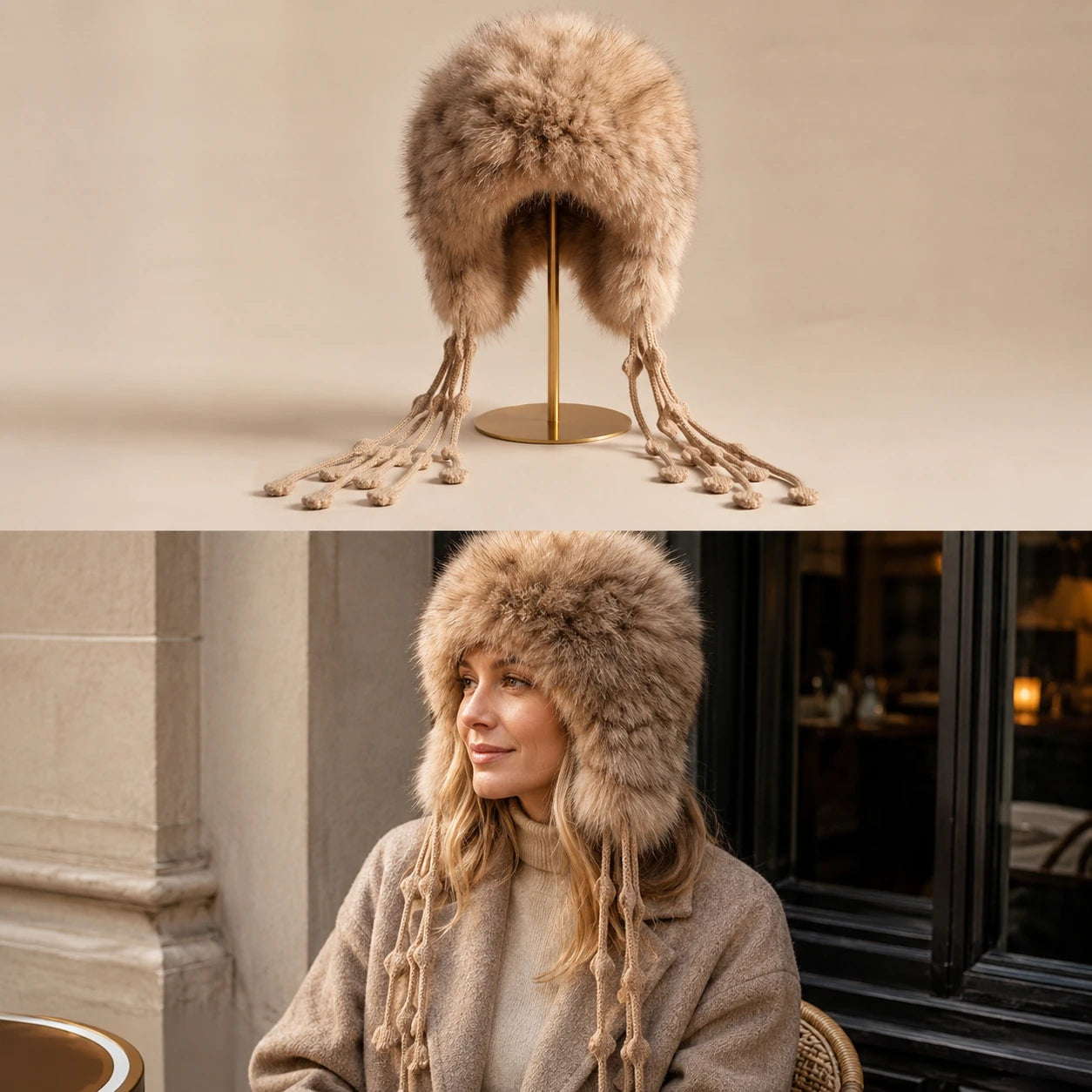 Natural Sable genuine sable fur earflap hat in product and winter city styling views