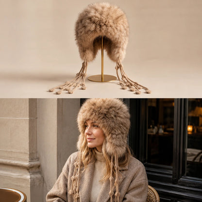 Natural Sable genuine sable fur earflap hat in product and winter city styling views