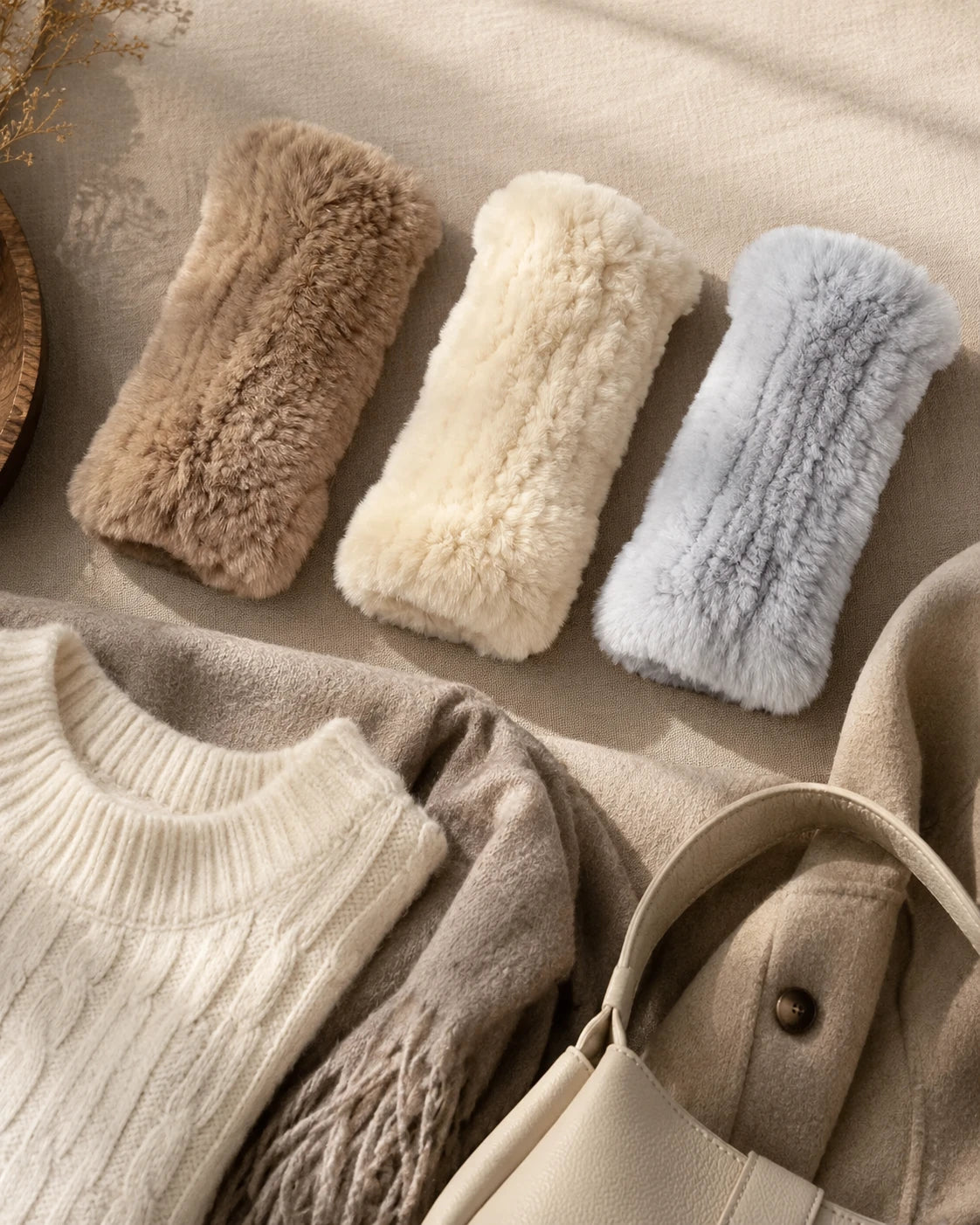 Neutral wardrobe pairing with genuine Rex rabbit fur fingerless mittens