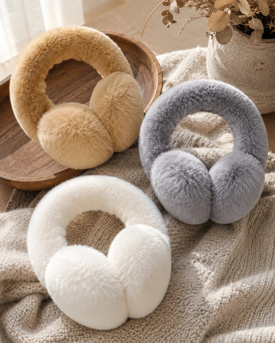 Camel, Silver Gray, and Natural White genuine Rex rabbit fur earmuffs in a winter flat lay
