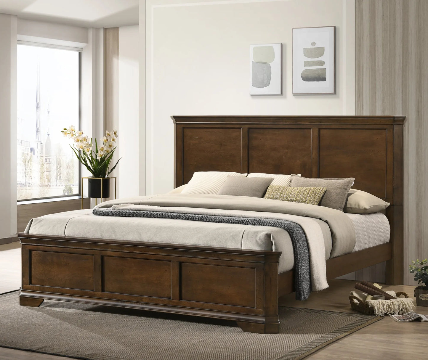 Maderne Traditional Wood Panel 6 pieces King Bed set with Dresser, Mirror, Two Nightstands, Chest – view 3