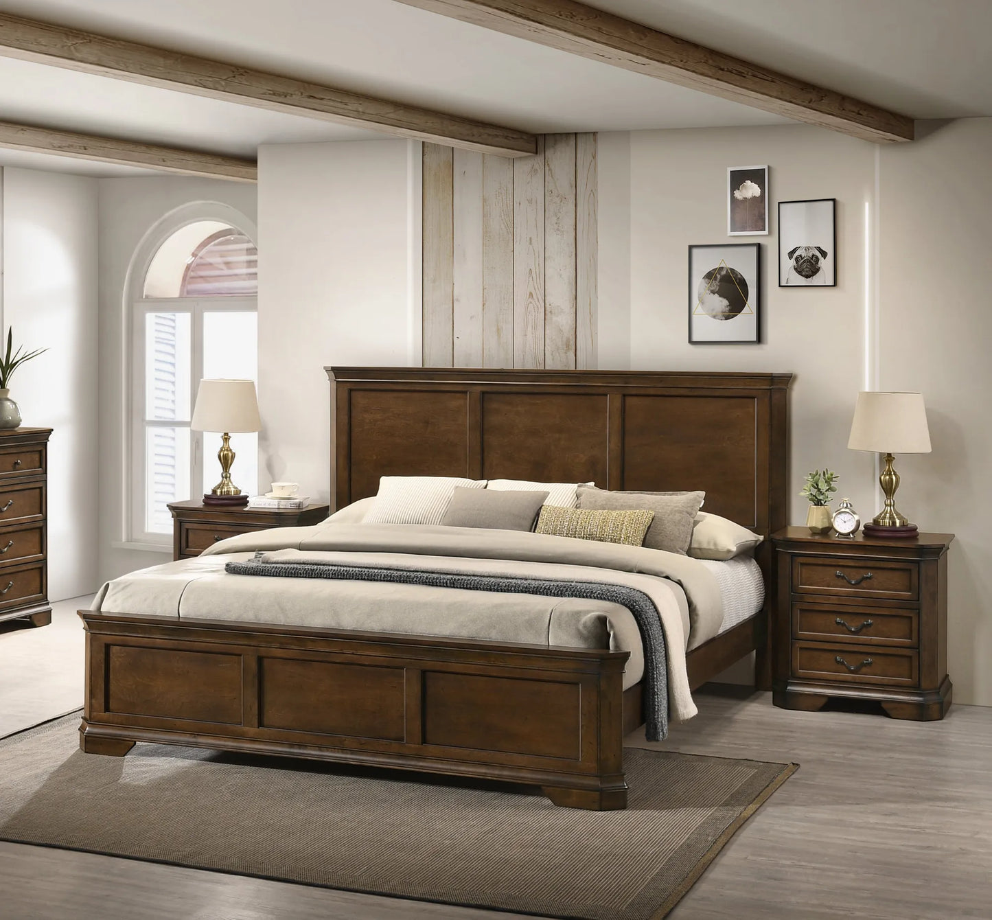 Maderne Traditional 3-Piece Wood Bedroom Set with King Size Panel Bed and Two Nightstands – view 3