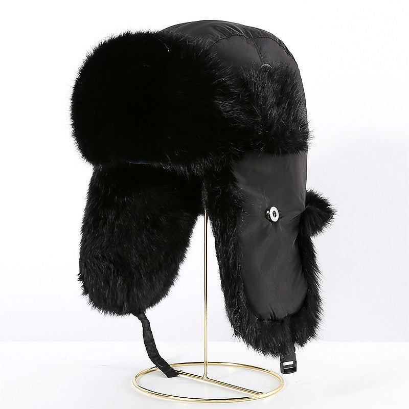 Unisex black trapper hat with black rabbit fur trim