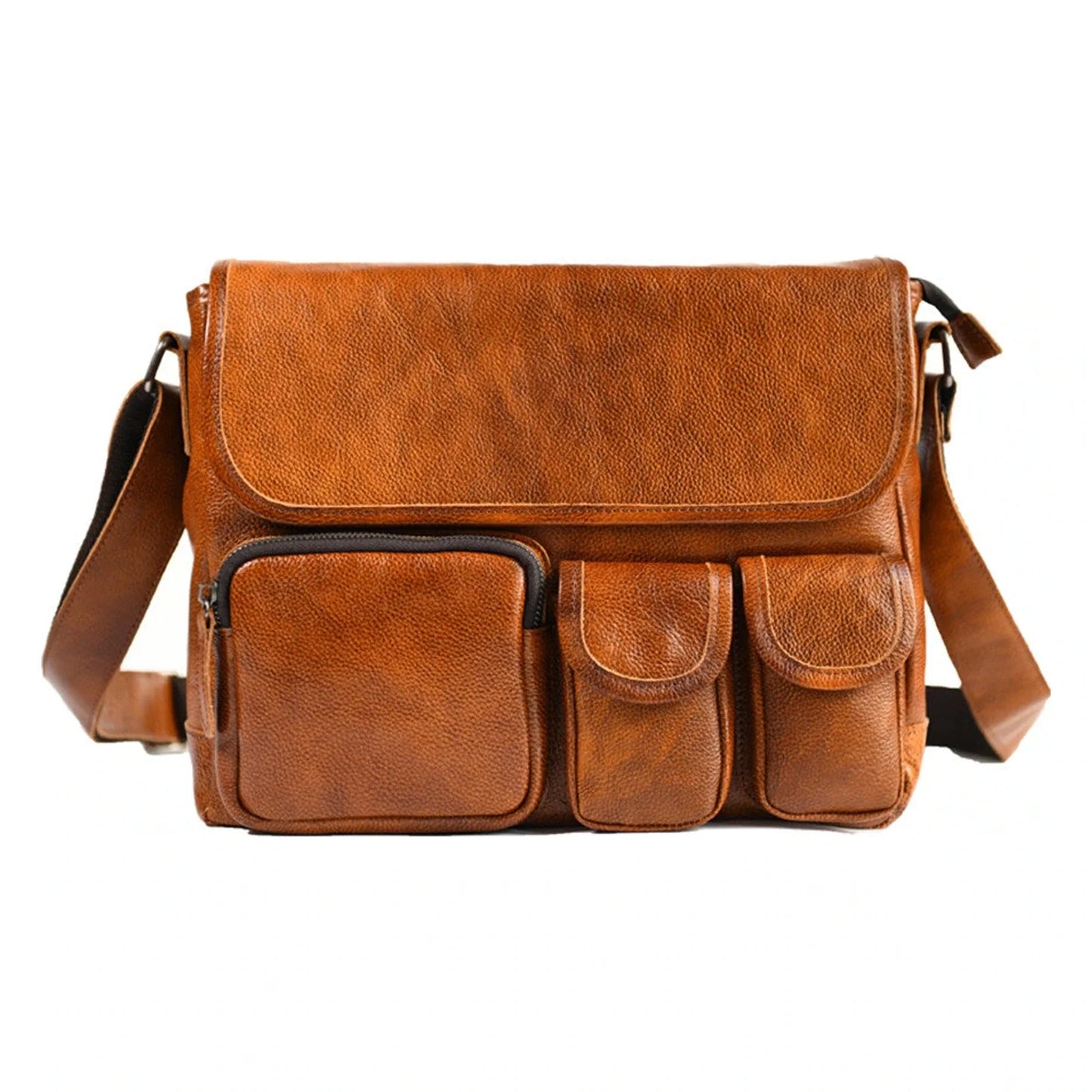 Vintage brown cowhide messenger bag full front view