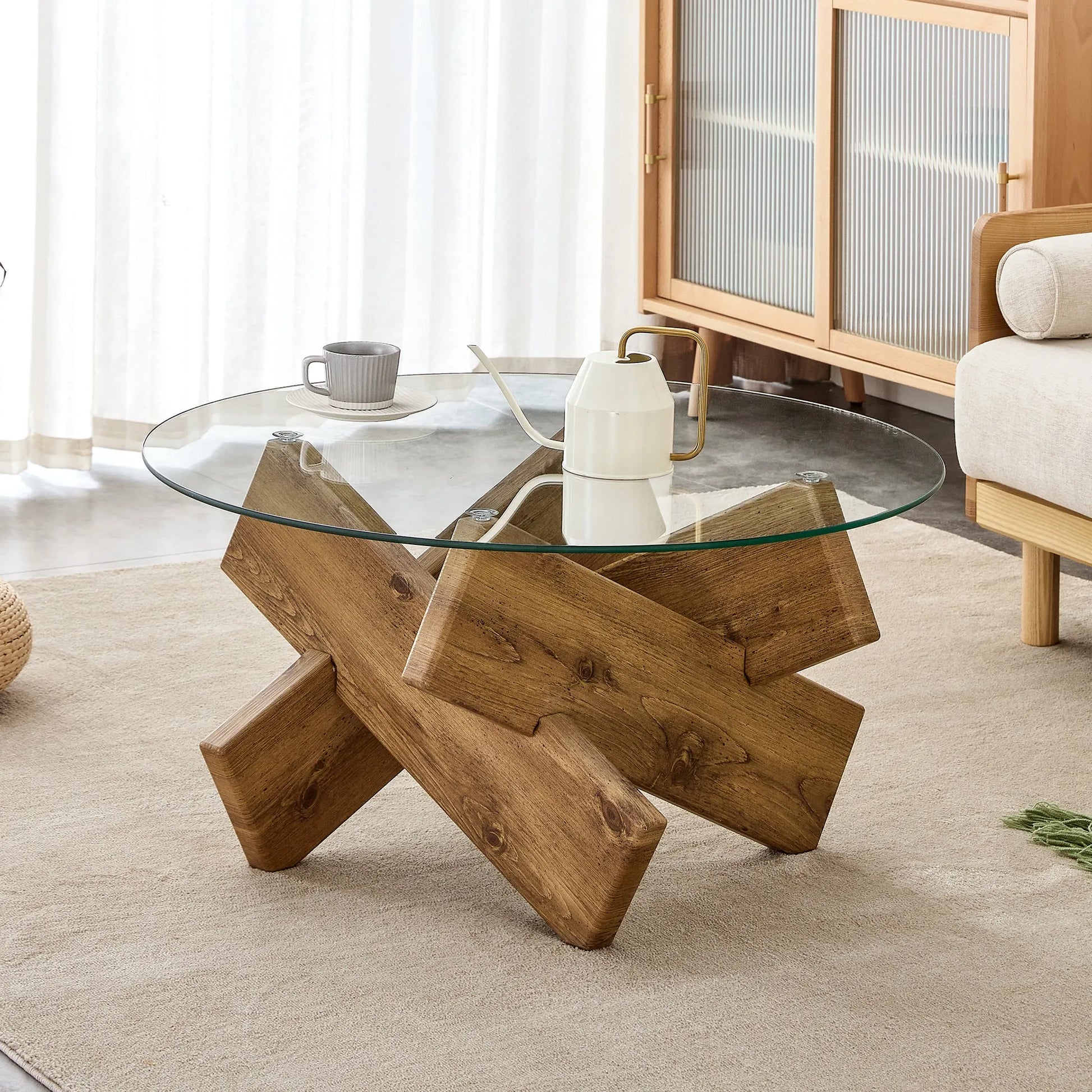 Circular glass coffee table, 33.4-inch modern and distinctive design tea table. Tempered glass countertop, wood colored MDF table legs. Suitable for – view 3