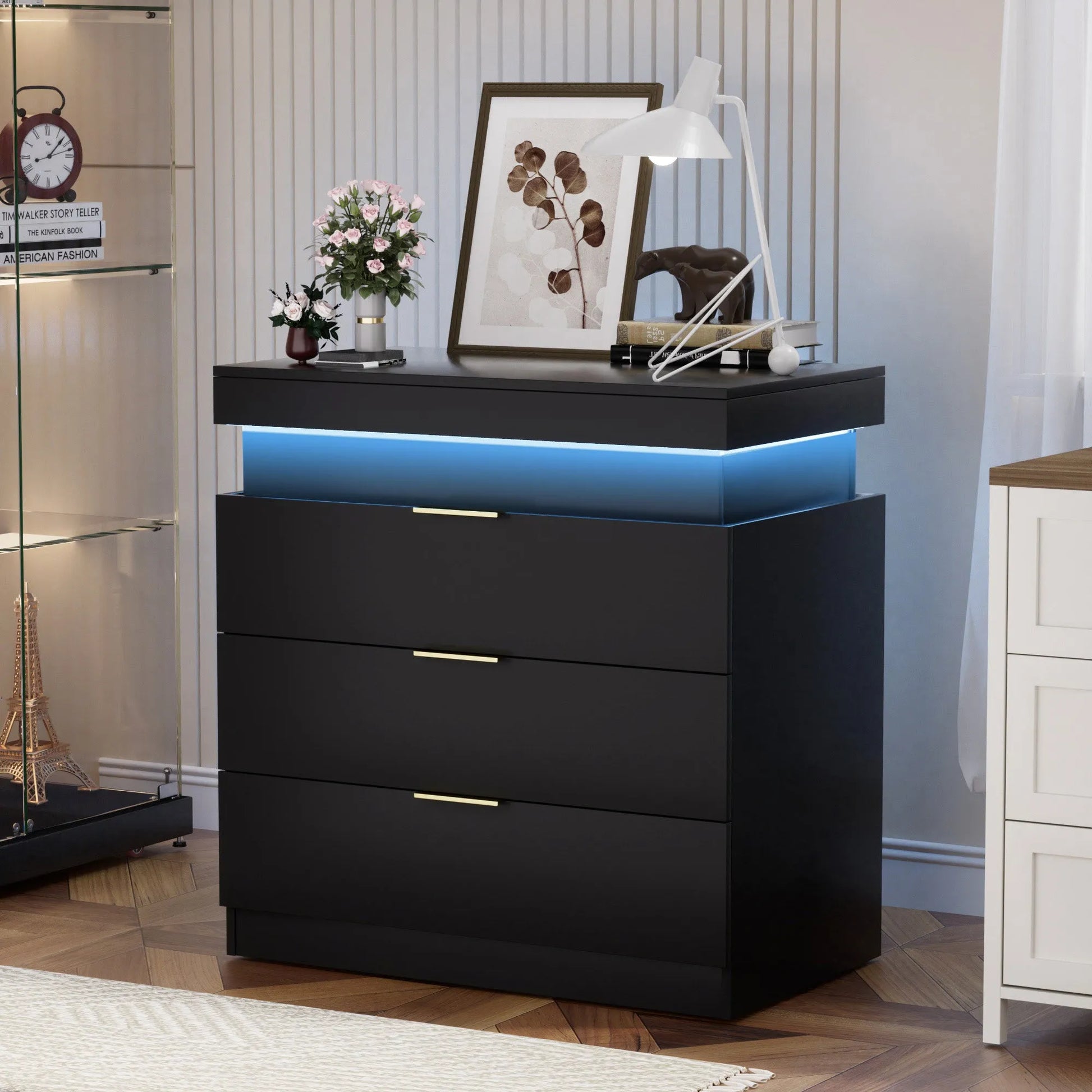 Nightstand with Charging Station and LED Lights,Night Stand with Sliding Top for Bedroom,Bedside Table with Drawers,Modern End Side – view 3