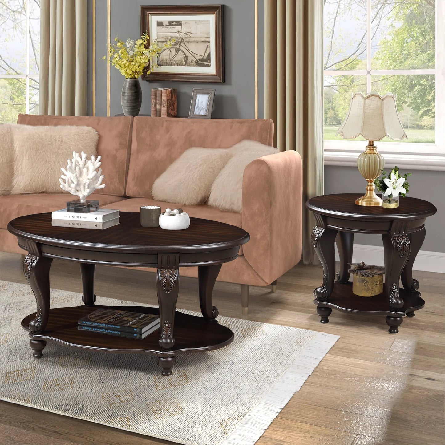 22'' Two Tone Round End Table,Solid Wood Sofa Side Table with Shelf,Living Room Corner Table Easy Assemble, Espresso – view 3