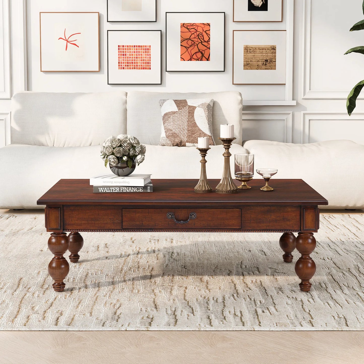 Rectangular Wooden Coffee Table with Storage Drawer, Vintage Cocktail Table with Solid Wood Gourd-Shaped Legs for Living Room,No-Tools Assembly – view 3