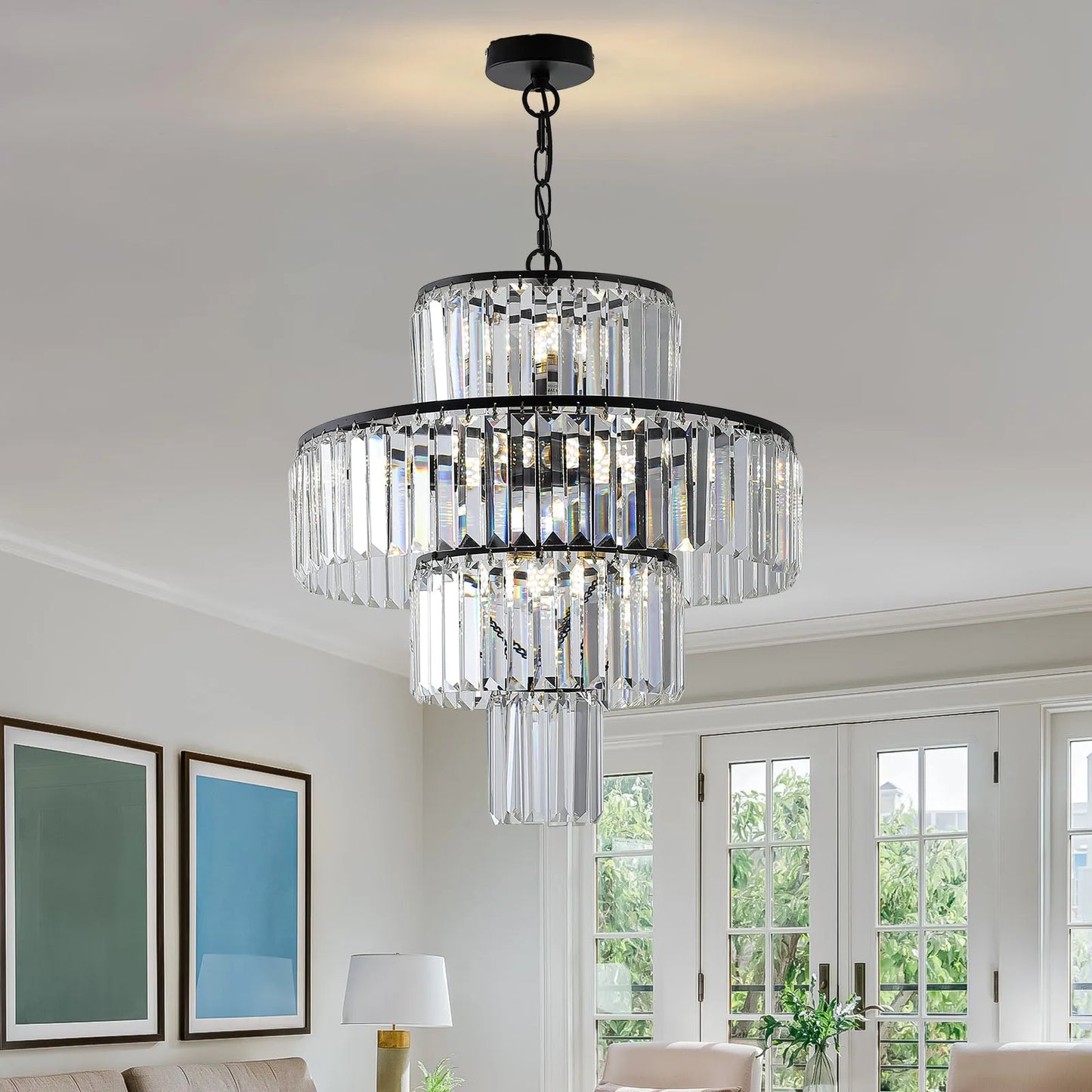 20' Modern Crystal Chandelier with Black Finish, 4-Tier Design for Dining Room or Living Room, Elegant Crystal Pendant Light Fixture (Bulb Not – view 3