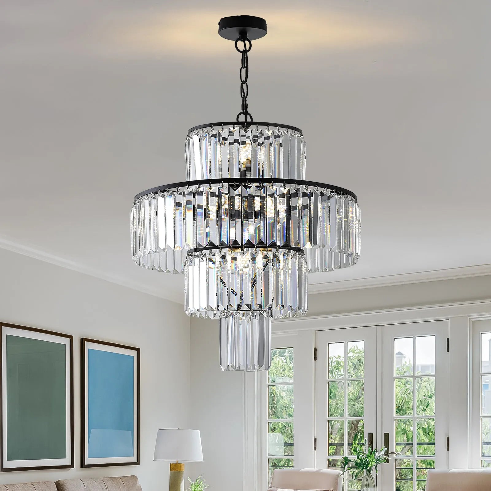 20' Modern Crystal Chandelier with Black Finish, 4-Tier Design for Dining Room or Living Room, Elegant Crystal Pendant Light Fixture (Bulb Not – view 3