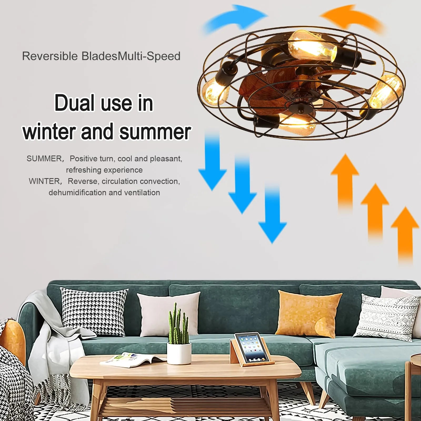 Caged Ceiling Fan With Light, 20'' farmhouse Low Profile Ceiling fan Lights With Remote Control, Modern Enclosed 4x E26 Bulb Ceiling Fans With – view 3