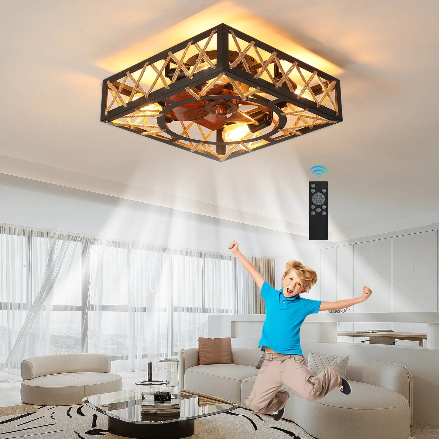 Farmhouse Rustic Ceiling Fan and Remote Control,Square Caged Industrial Ceiling Fixture with 6 Speeds & Noiseless DC Motor for Kitchen Dining Room – view 3