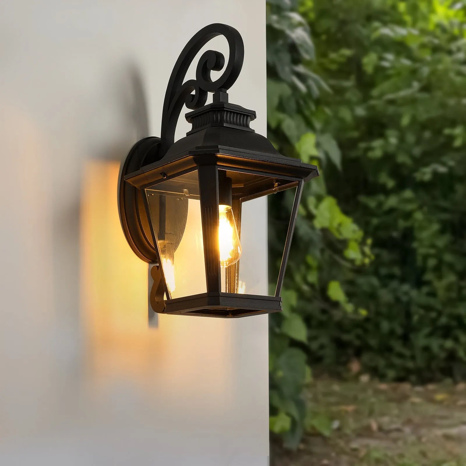 21'(H) 1-Pack Outdoor Wall Lantern Light – Vintage Black Metal & Clear Glass Sconce with Decorative Scroll Design for Porch, Patio, and Garden – view 3