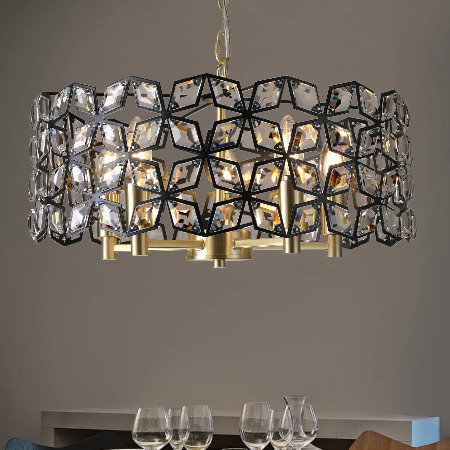 19' Geometric Crystal and BlackGold Round Pendant Chandelier – Modern 5-Light Fixture for Dining Room, Living Room, or Kitchen (Bulb Not Included) – view 3