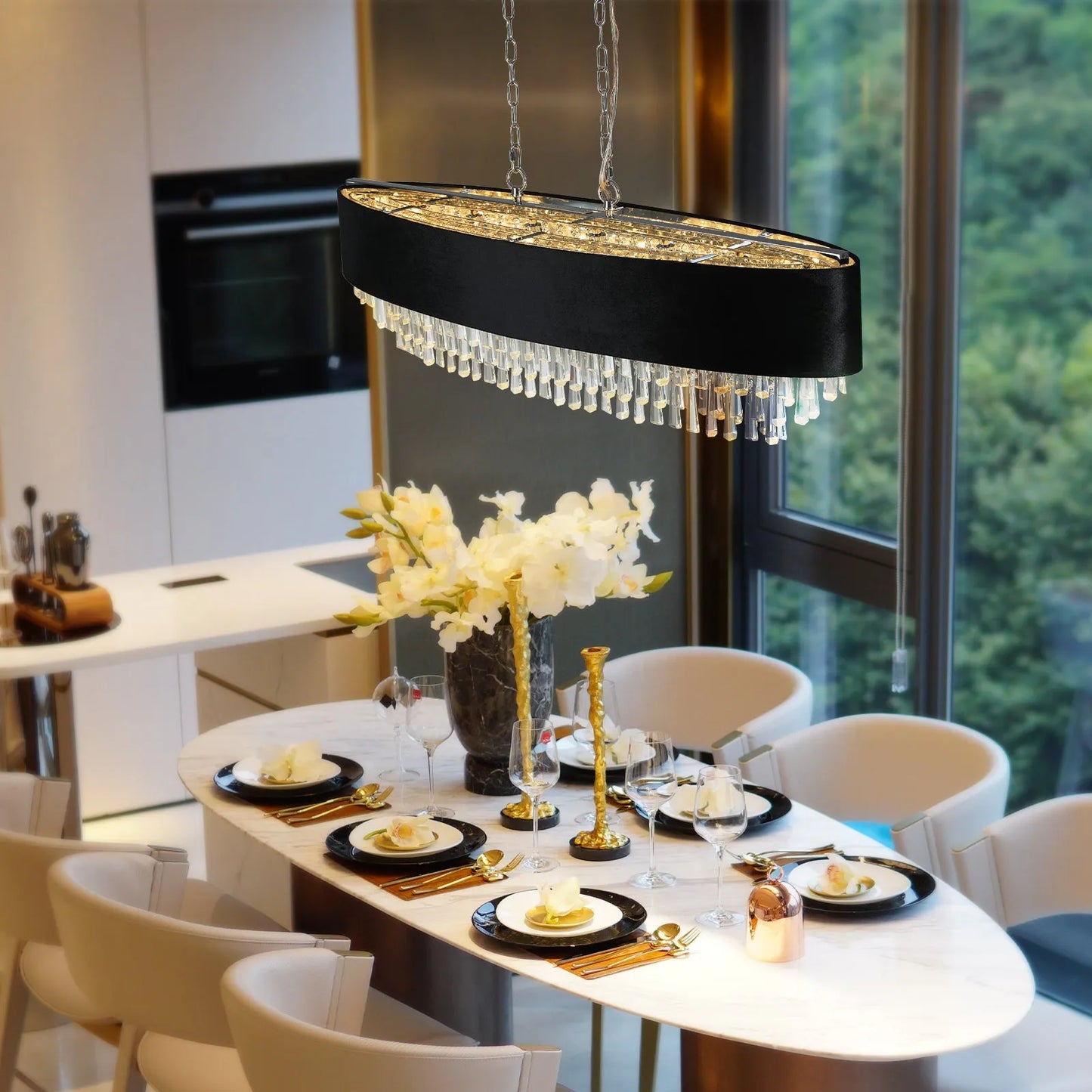 39' Modern Crystal Chandelier with Black Imitation Velvet Anti-Glare Shade, Adjustable Height, 8-Light G9 Base for Dining Room, Living Room, or – view 3