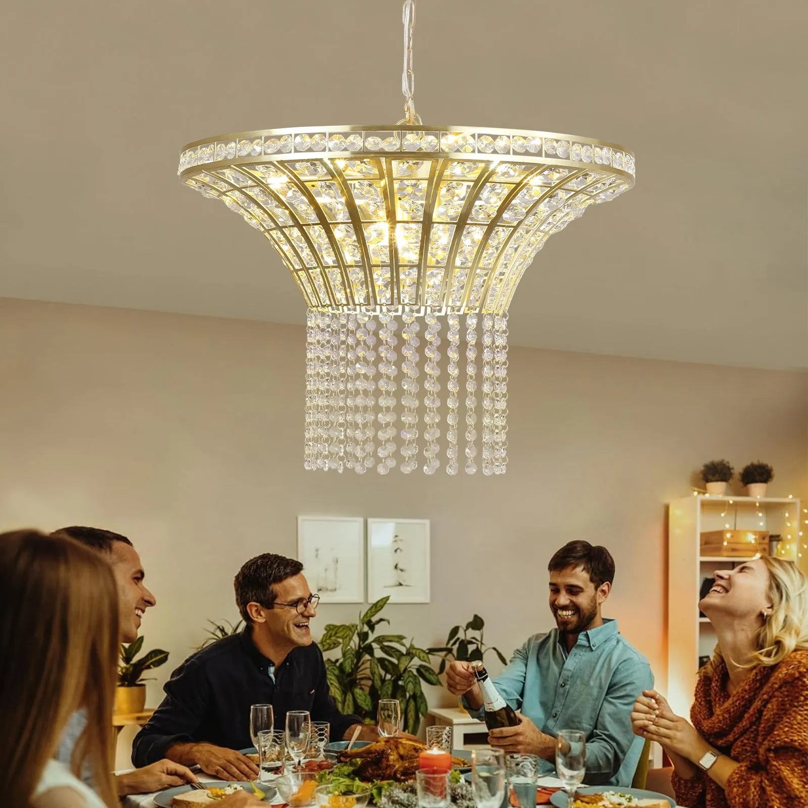 24' Modern Crystal Round Chandelier with Gold Finish, Elegant Pendant Light with Cascading Beads, for Dining Room, Living Room, or Foyer (No Bulbs) – view 3