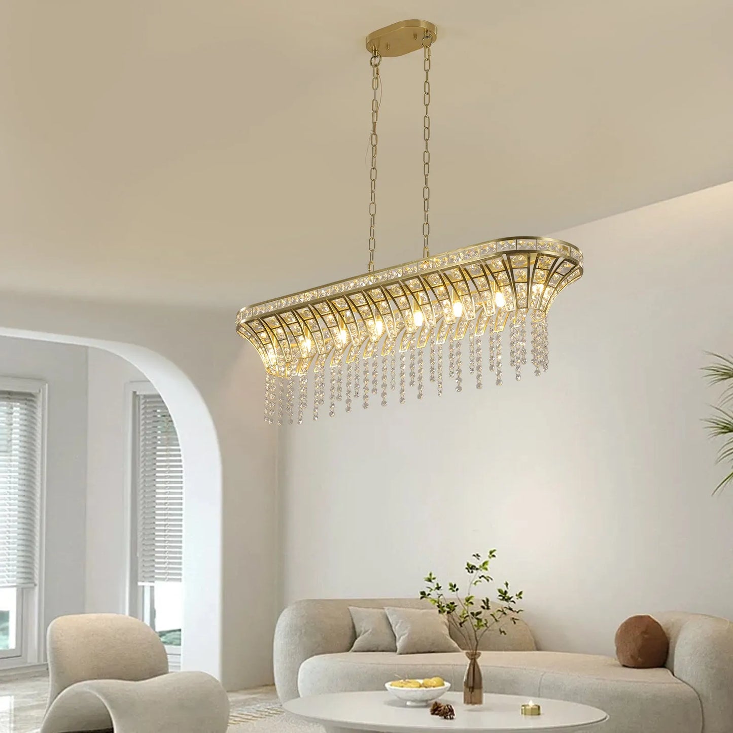 39' Modern Crystal Linear Rectangle Chandelier with Gold Finish, Elegant Pendant Light with Cascading Beads, for Dining Room, Living Room, or Foyer – view 3