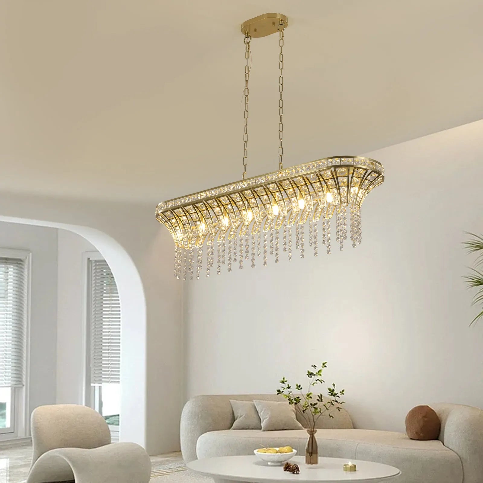 39' Modern Crystal Linear Rectangle Chandelier with Gold Finish, Elegant Pendant Light with Cascading Beads, for Dining Room, Living Room, or Foyer – view 3
