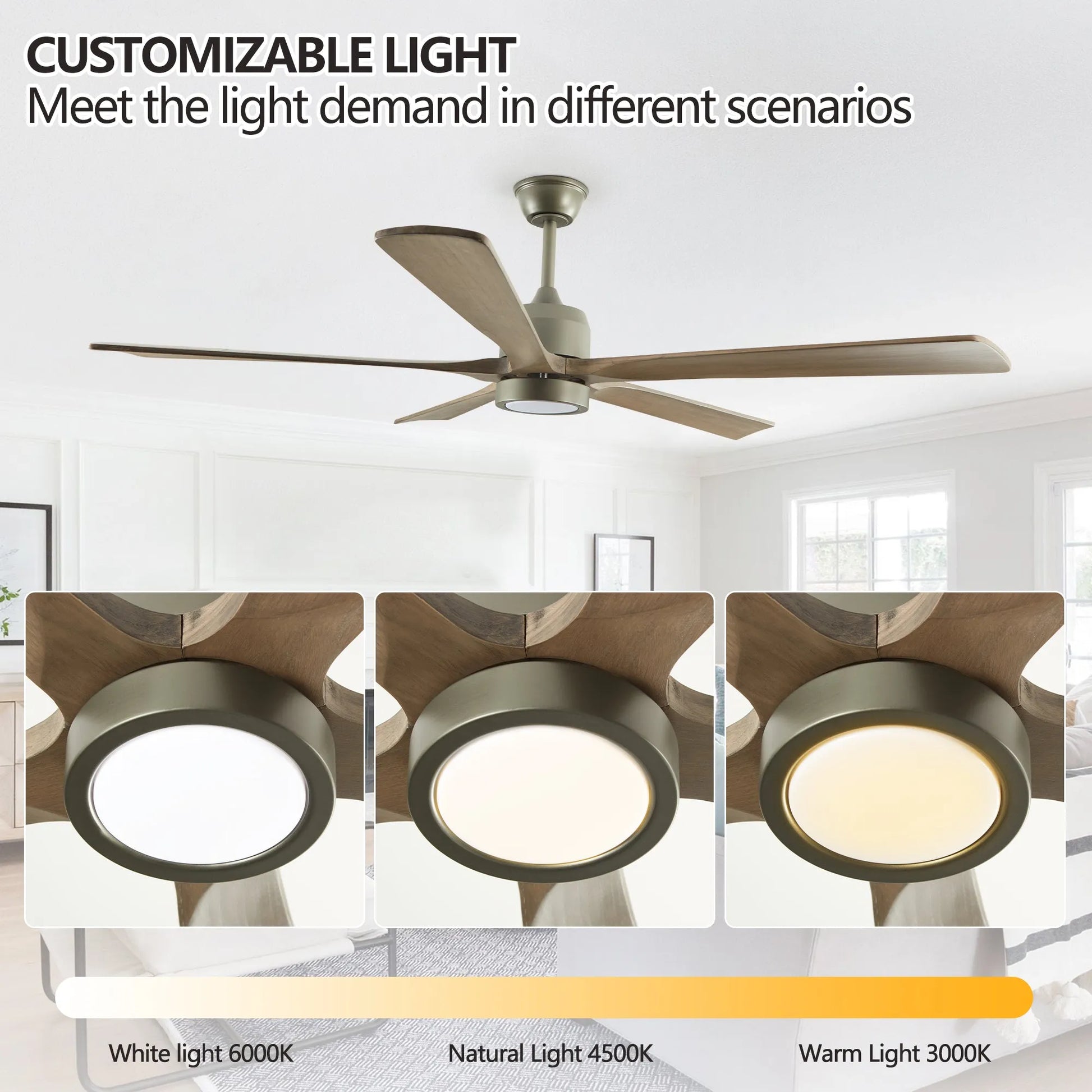 60' Modern Wood Ceiling Fan with Light and Remote Control,6-Speed Noiseless Reversible DC Motor, Ceiling Fan for Kitchen Dinning Living Room – view 3