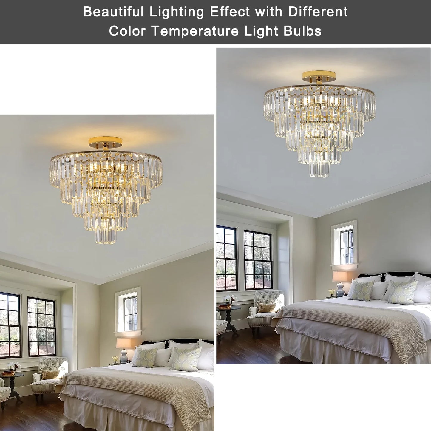 Gold Crystal Chandeliers,5-Tier Round Semi Flush Mount Chandelier Light Fixture,Large Contemporary Luxury Ceiling Lighting for Living Room Dining – view 3