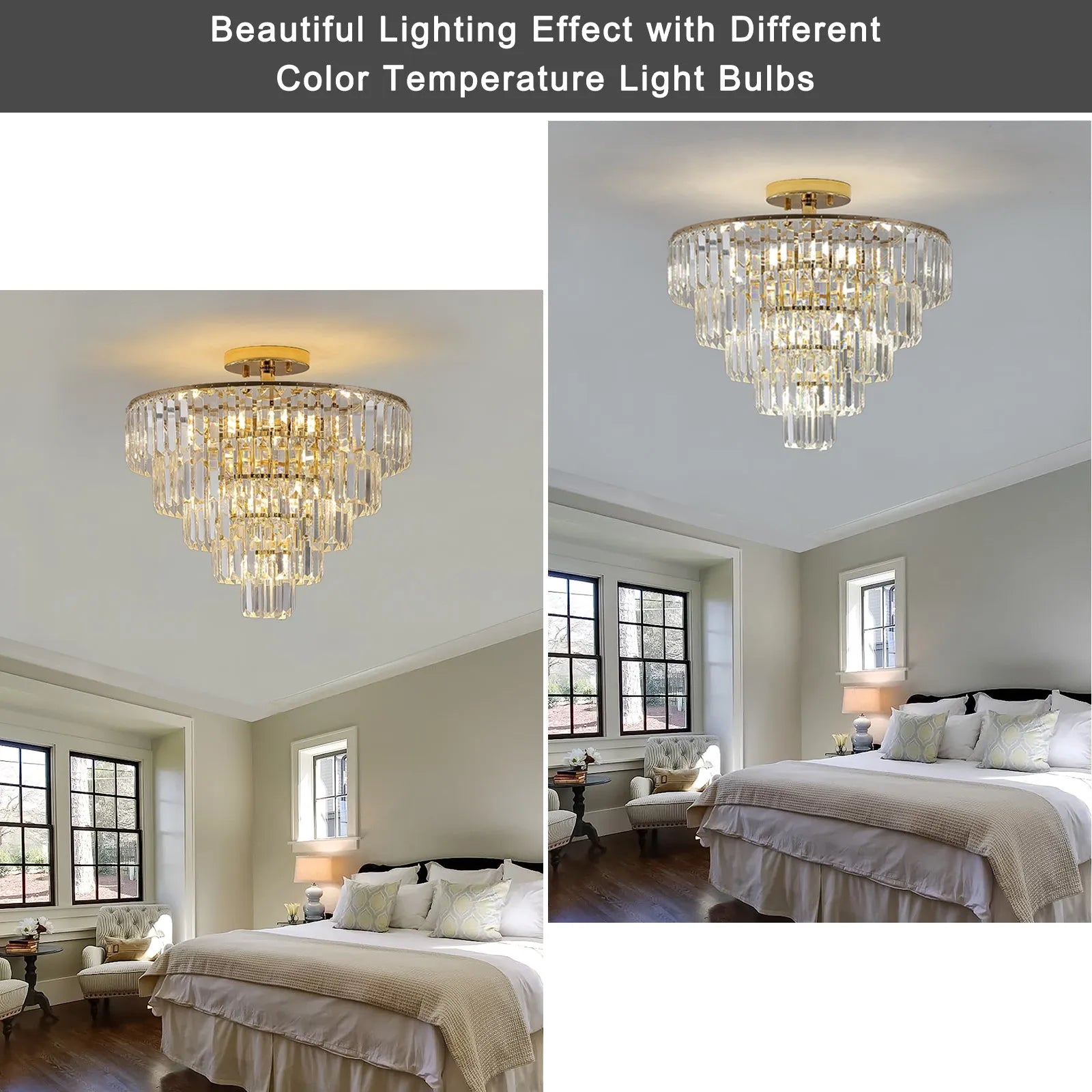 Gold Crystal Chandeliers,5-Tier Round Semi Flush Mount Chandelier Light Fixture,Large Contemporary Luxury Ceiling Lighting for Living Room Dining – view 3