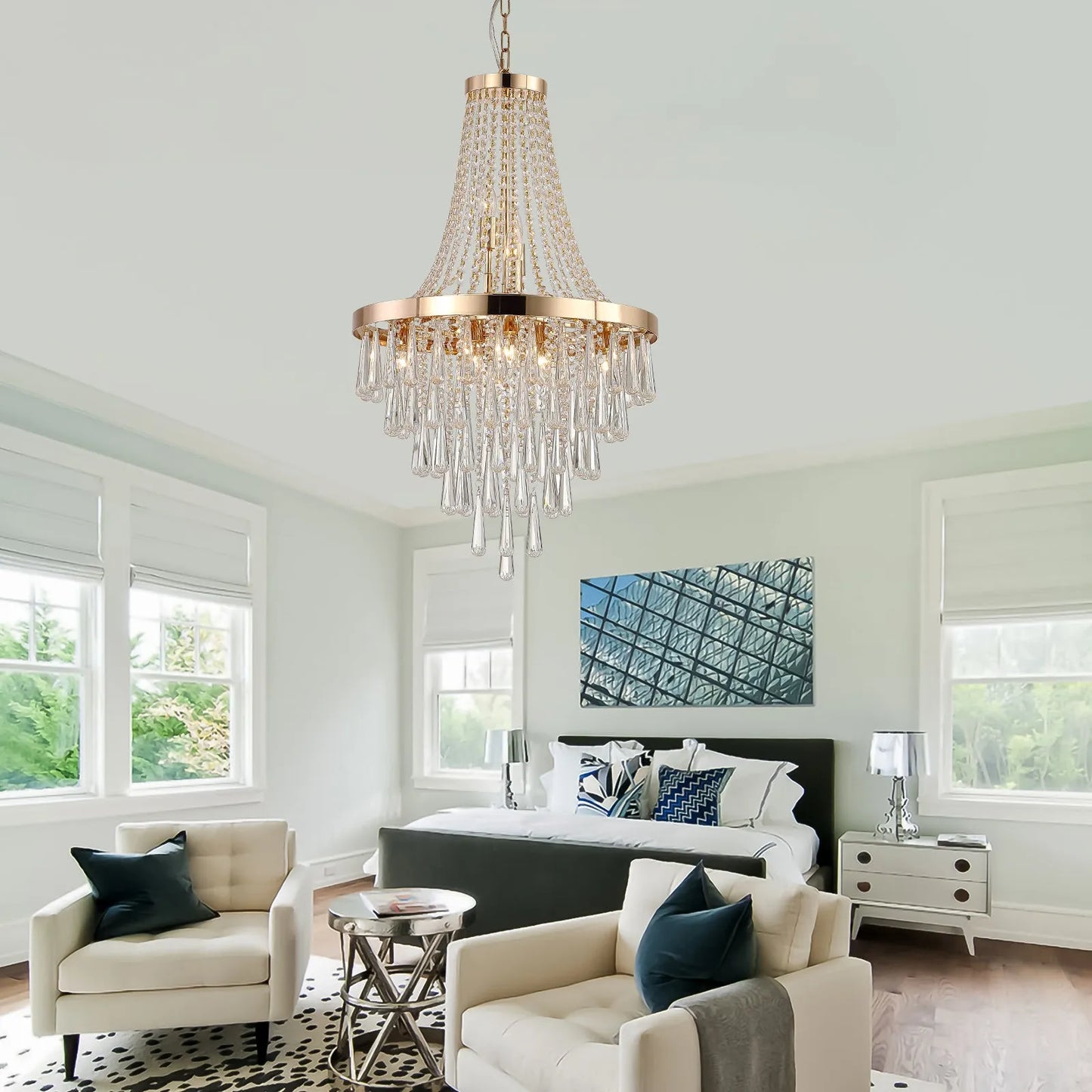 20' Modern Crystal Pendant Chandelier with Golden Finish – Elegant 11-Light Hanging Light Fixture Tiered Design for Dining Room, Living Room, or – view 3