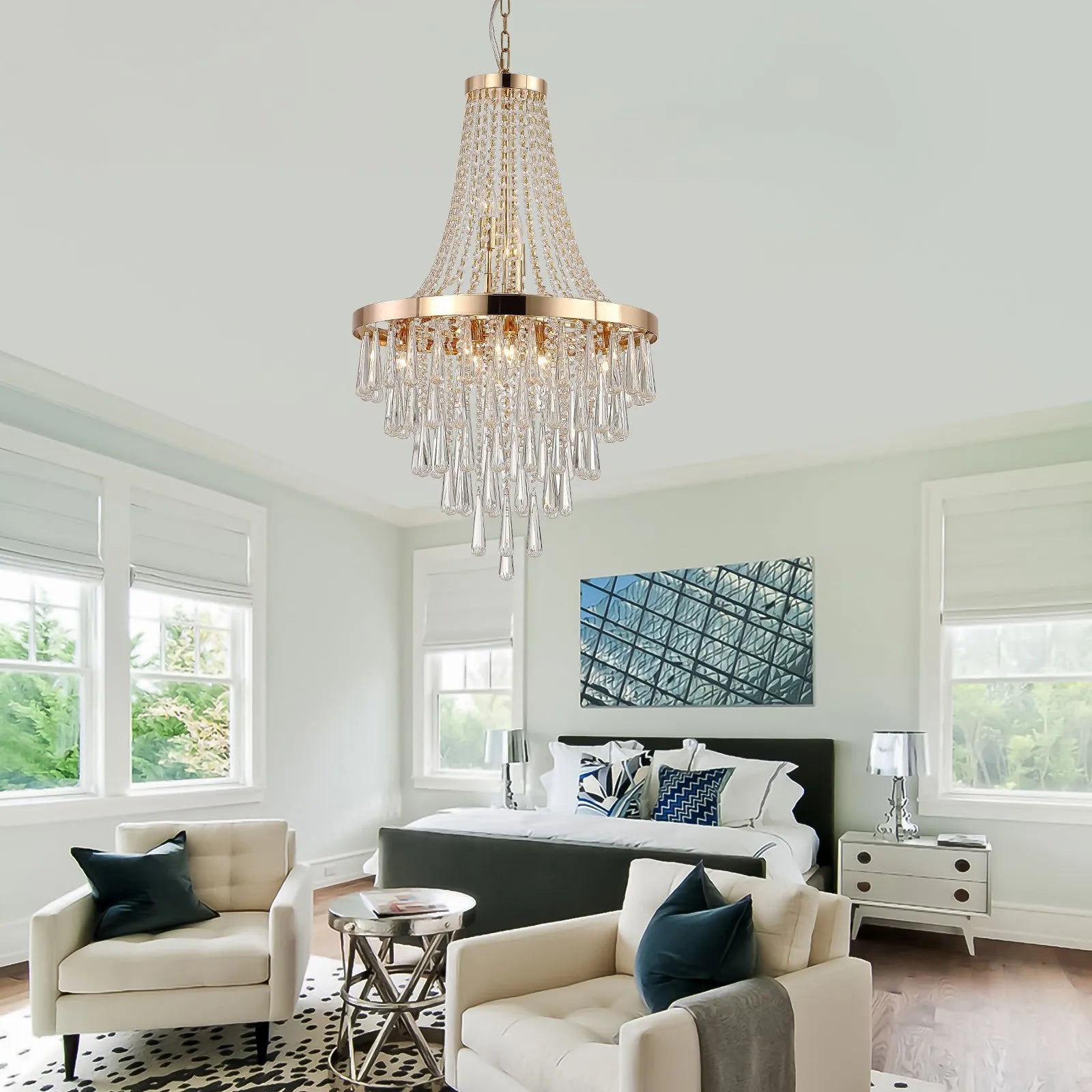 20' Modern Crystal Pendant Chandelier with Golden Finish – Elegant 11-Light Hanging Light Fixture Tiered Design for Dining Room, Living Room, or – view 3