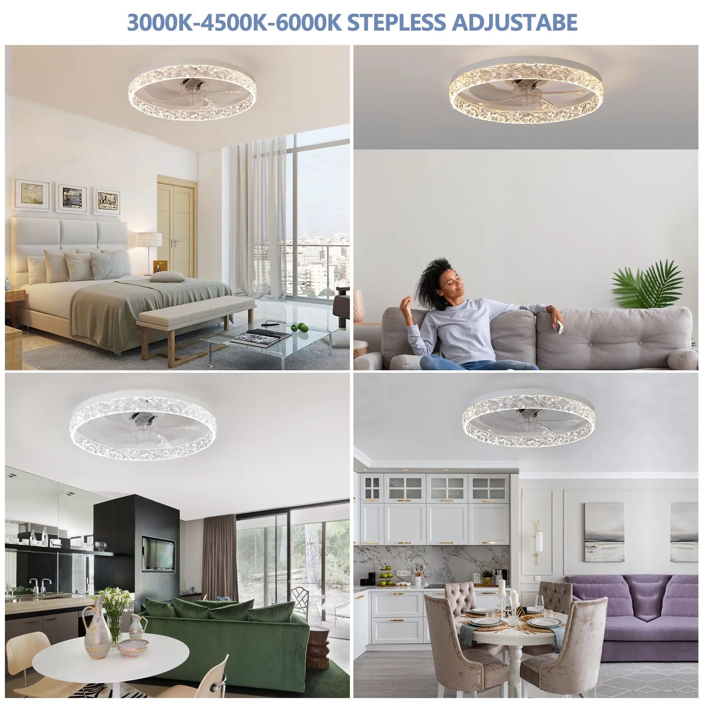 Modern Acrylic Ceiling Fan Light with Remote Control, Dimmable LED Chandelier, 6-Speed Adjustable, Quiet Motor, Flush Mount Design for Living Room – view 3