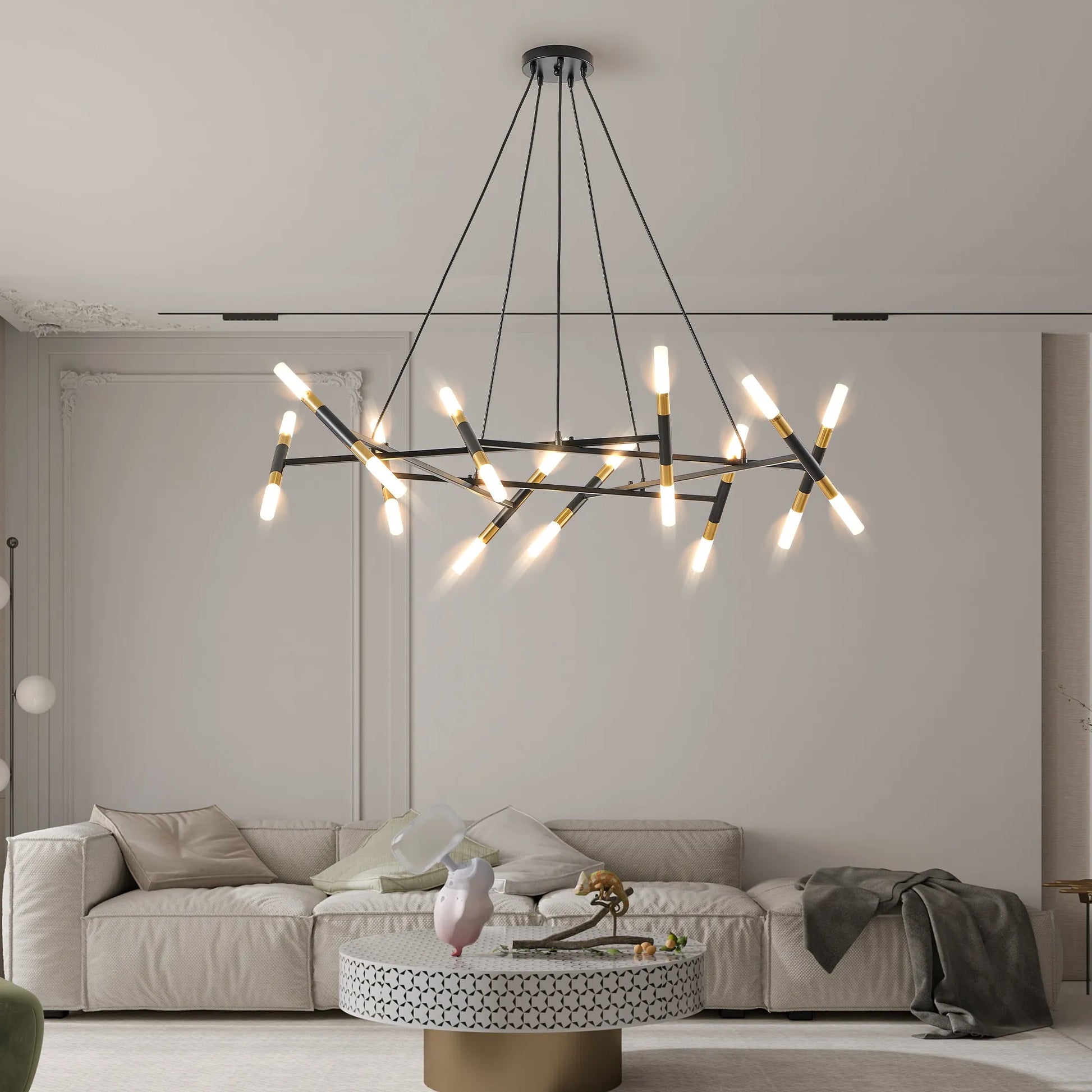 41' Black & Golden Modern Chandelier Light Fixture, Branch Design with Frosted Tubes, Black Cords, Adjustable Height Pendant Light for Dining Room – view 3