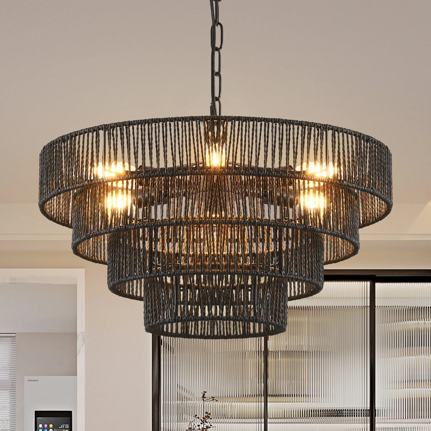 20' Rustic 4-Tier Black Hemp Rope Pendant Light Chandelier with 6 E12 Sockets, Handmade Tiered Boho Ceiling Light Fixture for Dining Room, Kitchen – view 3