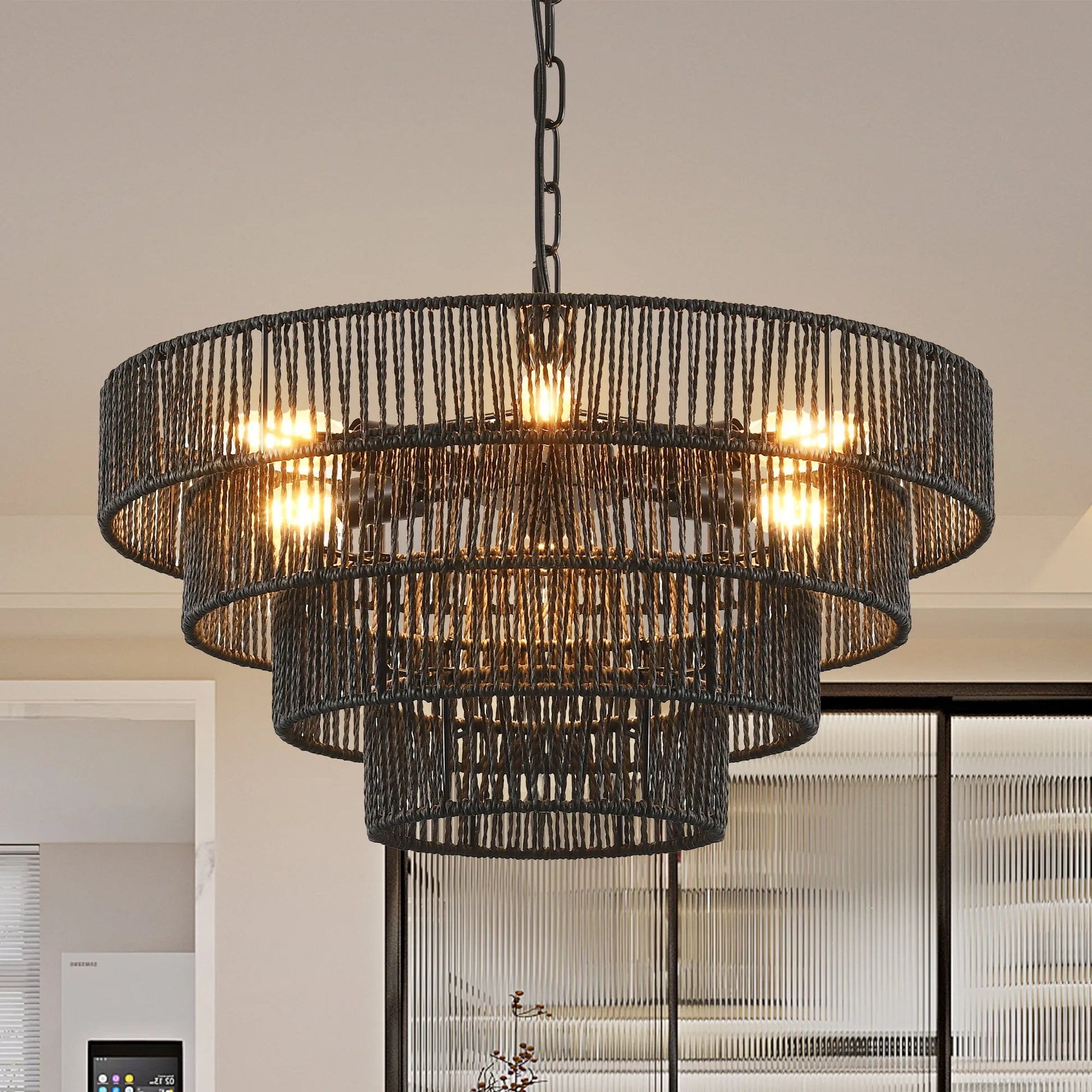 20' Rustic 4-Tier Black Hemp Rope Pendant Light Chandelier with 6 E12 Sockets, Handmade Tiered Boho Ceiling Light Fixture for Dining Room, Kitchen – view 3
